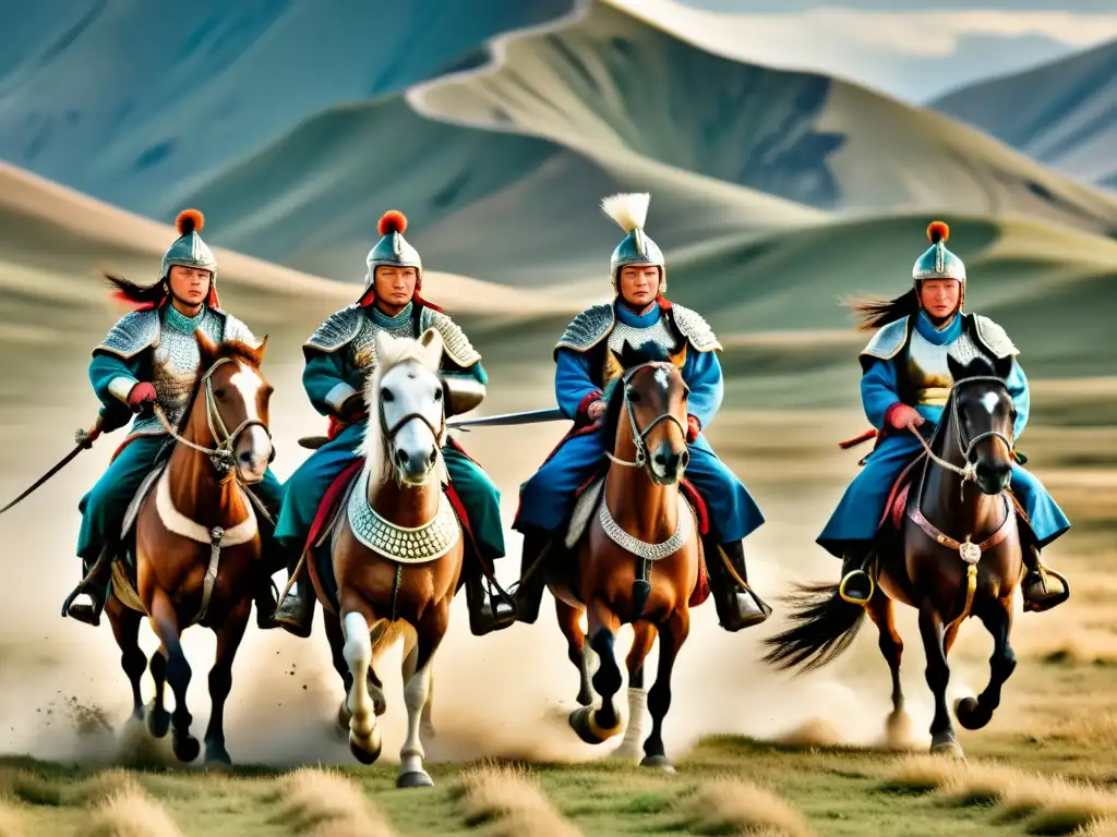 Un grupo de guerreros mongoles a caballo en plena batalla, mostrando su poderío y destreza en las vastas estepas de Mongolia