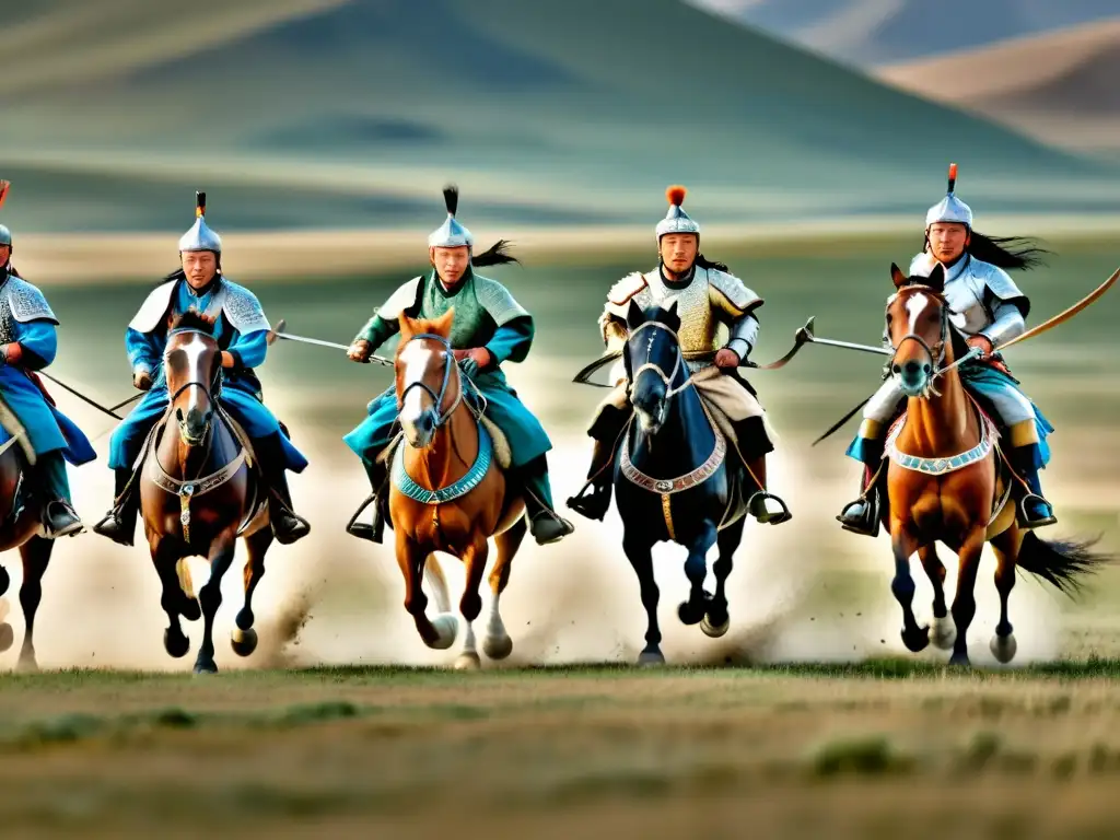 Grupo de guerreros mongoles a caballo en la estepa, mostrando el desarrollo tecnológico en el campo de batalla del Imperio Mongol