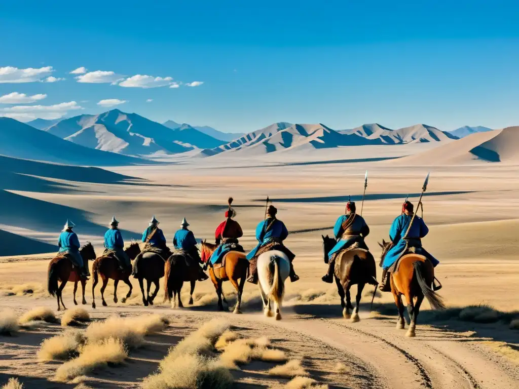 Un grupo de guerreros mongoles a caballo atraviesa un vasto paisaje árido en busca de nuevos territorios conquistados