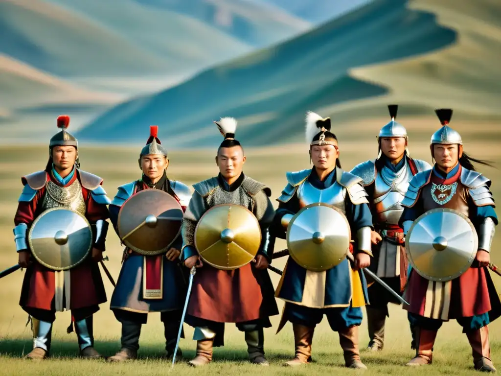 Un grupo de guerreros mongoles con códigos de vestimenta Imperio Mongol, en la vasta estepa, luciendo armaduras tradicionales y armas ancestrales