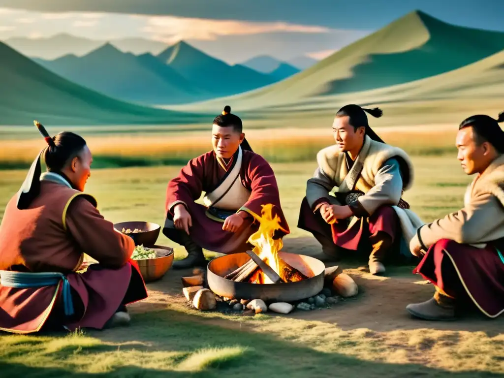 Grupo de guerreros mongoles disfrutando de una comida alrededor de una fogata en las vastas estepas