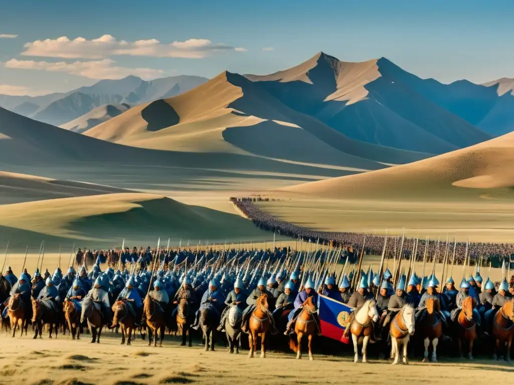 Un grupo de guerreros mongoles se reúne en un paisaje majestuoso para honrar la muerte de Genghis Khan