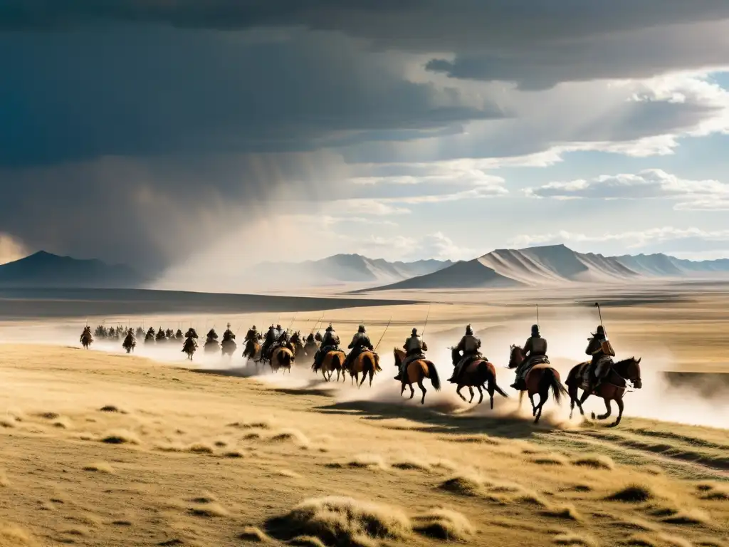 Grupo de guerreros mongoles en tácticas de guerrilla, estratégicamente ubicados en un paisaje vasto y dramático