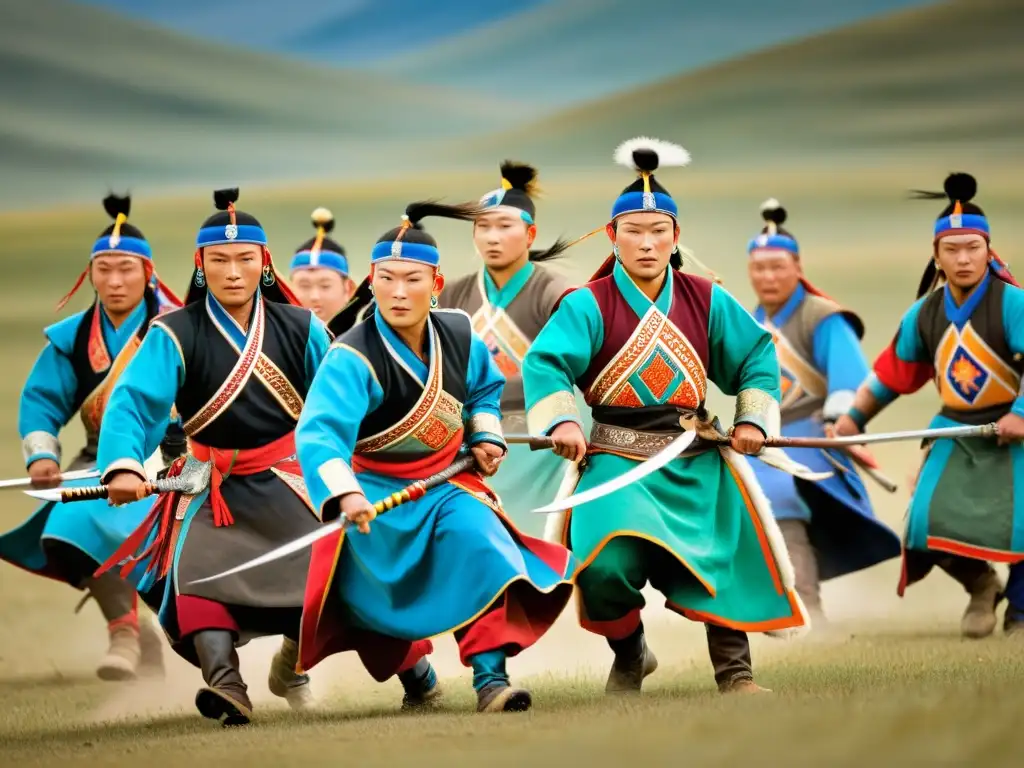 Grupo de guerreros mongoles, en trajes vibrantes, ejecutan danza de guerra en las estepas de Mongolia, honrando su tradición guerrera