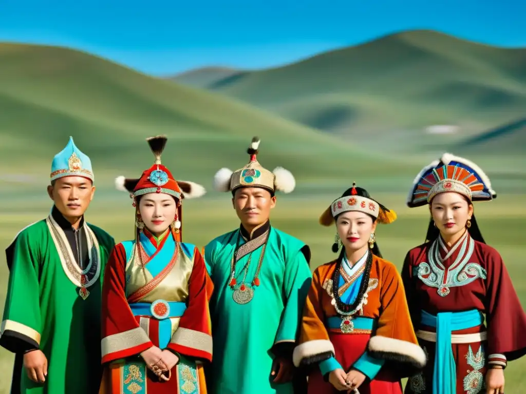 Un grupo de hombres y mujeres mongoles vistiendo deels tradicionales y tocados elaborados, frente a la vasta estepa mongol