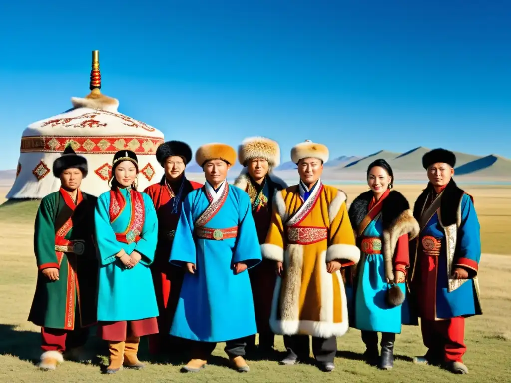 Un grupo de hombres y mujeres mongoles vistiendo trajes tradicionales frente a la vasta estepa mongol