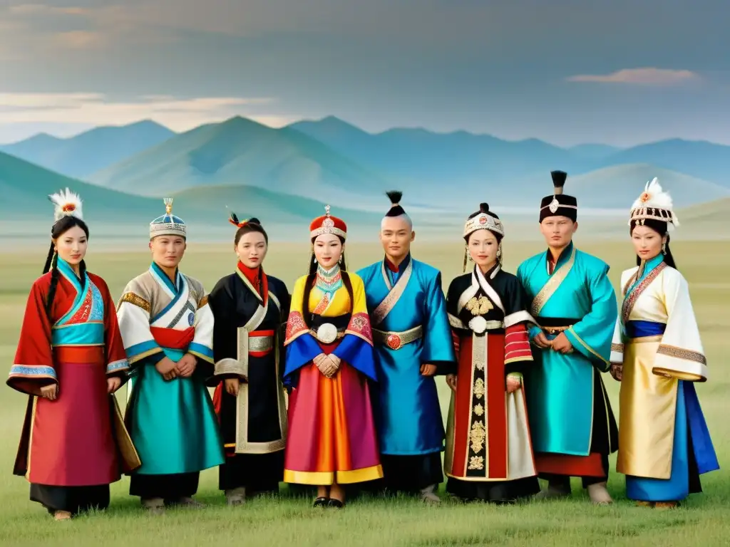 Un grupo de hombres y mujeres mongoles vistiendo coloridas prendas tradicionales, con la vasta estepa de Mongolia de fondo