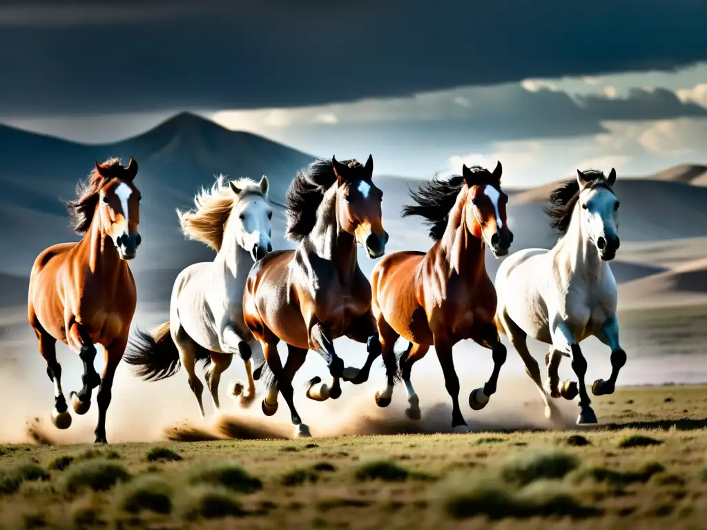 Un grupo de imponentes caballos mongoles galopando en la estepa, con un cielo dramático de fondo