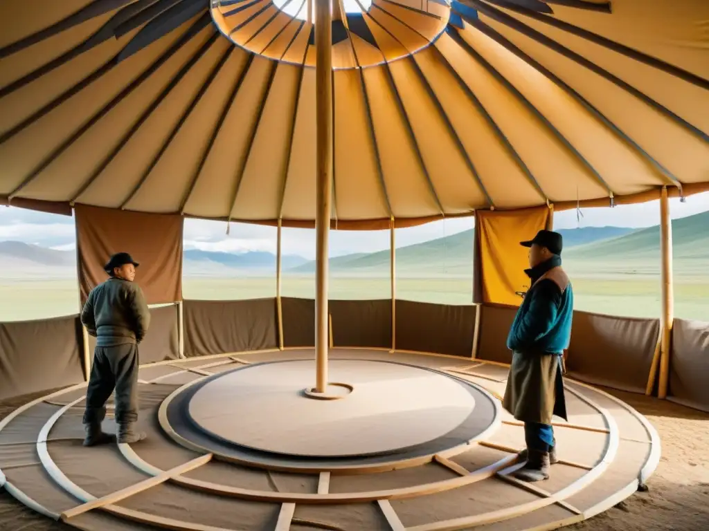 Ingeniería tradicional mongola: montaje de yurtas Un grupo de ingenieros y artesanos mongoles construyen con destreza una yurta tradicional en las vastas estepas de Mongolia