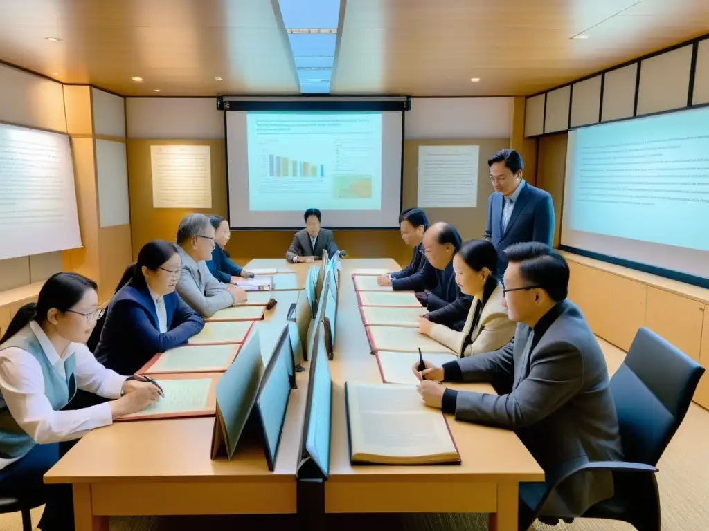 Estudio apasionado de textos mongolés Grupo de lingüistas e investigadores inmersos en un intenso estudio lingüístico de lenguas mongolas, colaborando con pasión y enfoque profundo