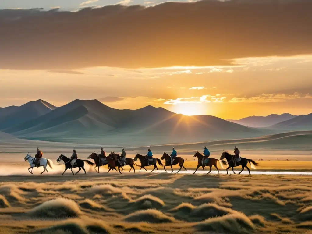 Grupo de jinetes mongolos llevando correo postal en paisaje estepario al atardecer, destacando el sistema revolucionario de la época