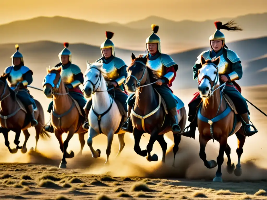 Un grupo de jinetes mongoles en armadura tradicional y lanzas, cabalgan con determinación en la estepa, bañados por la luz dorada del atardecer