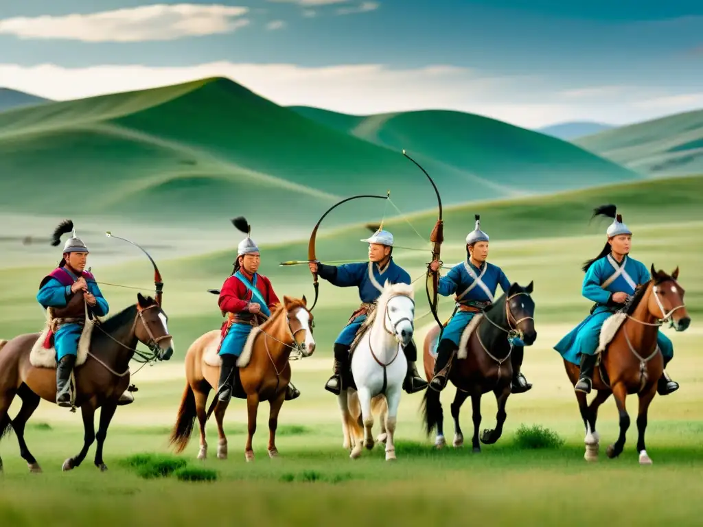 Grupo de jinetes mongoles practicando arquería táctica de guerra a caballo en las vastas estepas de Mongolia