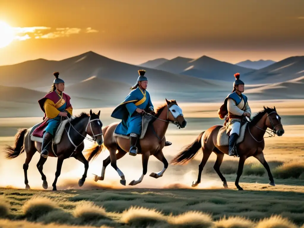 Grupo de jinetes mongoles galopando en la estepa al atardecer, evocando el sistema postal mongol en la antigüedad