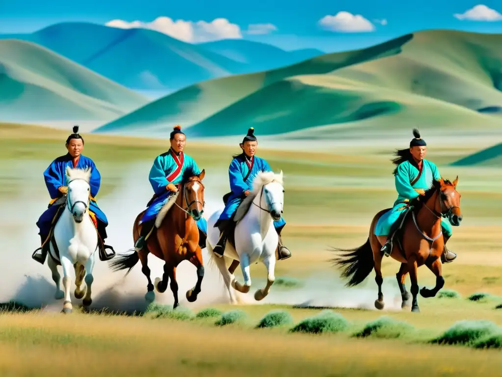 Grupo de jinetes mongoles domando caballos en la vasta estepa de Mongolia, con paisaje impresionante