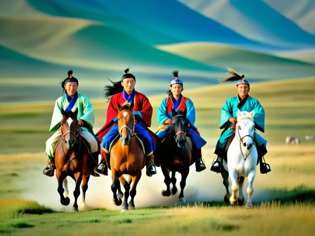 Grupo de jinetes mongoles cabalgando en la estepa, con coloridos atuendos tradicionales, en armonía con la naturaleza