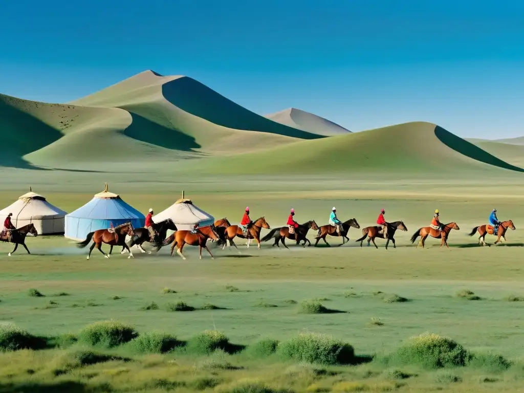 Grupo de jinetes mongoles con coloridos atuendos conduciendo caballos en la vasta estepa, ilustrando la comunicación en el Imperio Mongol