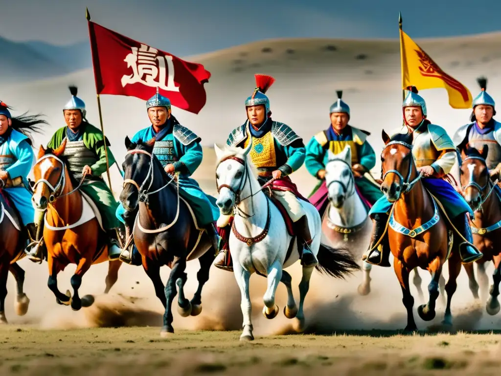 Grupo de jinetes mongoles en combate estratégico, con armaduras y banderas coloridas galopando en la estepa con determinación y poderío