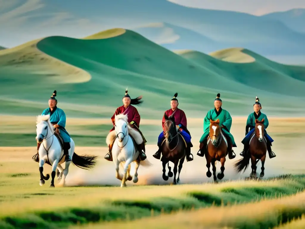 Grupo de jinetes mongoles galopando en las estepas, evocando la importancia de los caballos en las conquistas de los Khanes