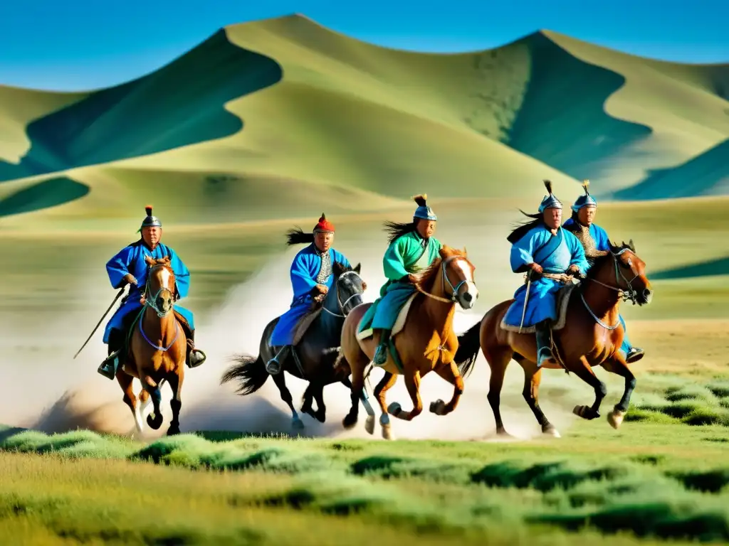 Grupo de jinetes mongoles cabalgando en la estepa, evocando historias entretenidas del Imperio Mongol