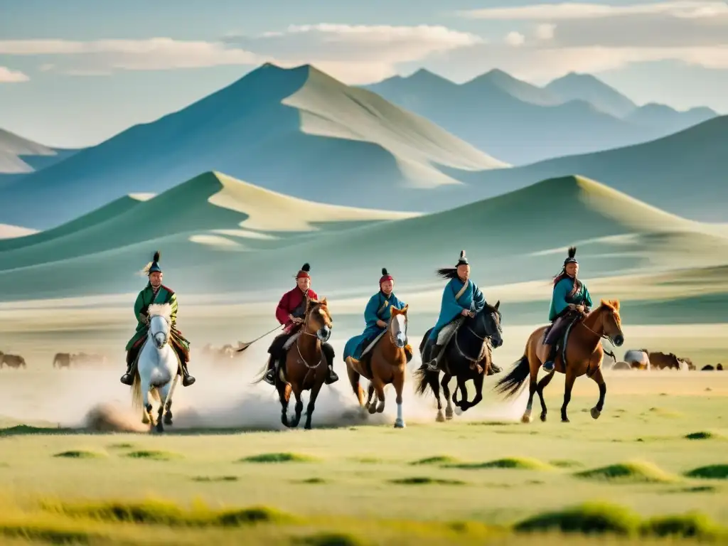 Grupo de jinetes mongoles galopando en la estepa, mostrando la importancia de los caballos en el Imperio Mongol