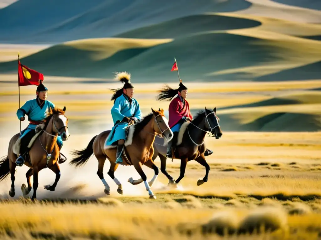 Grupo de jinetes mongoles galopando en la infinita estepa, atuendos tradicionales y banderas coloridas crean un contraste impactante