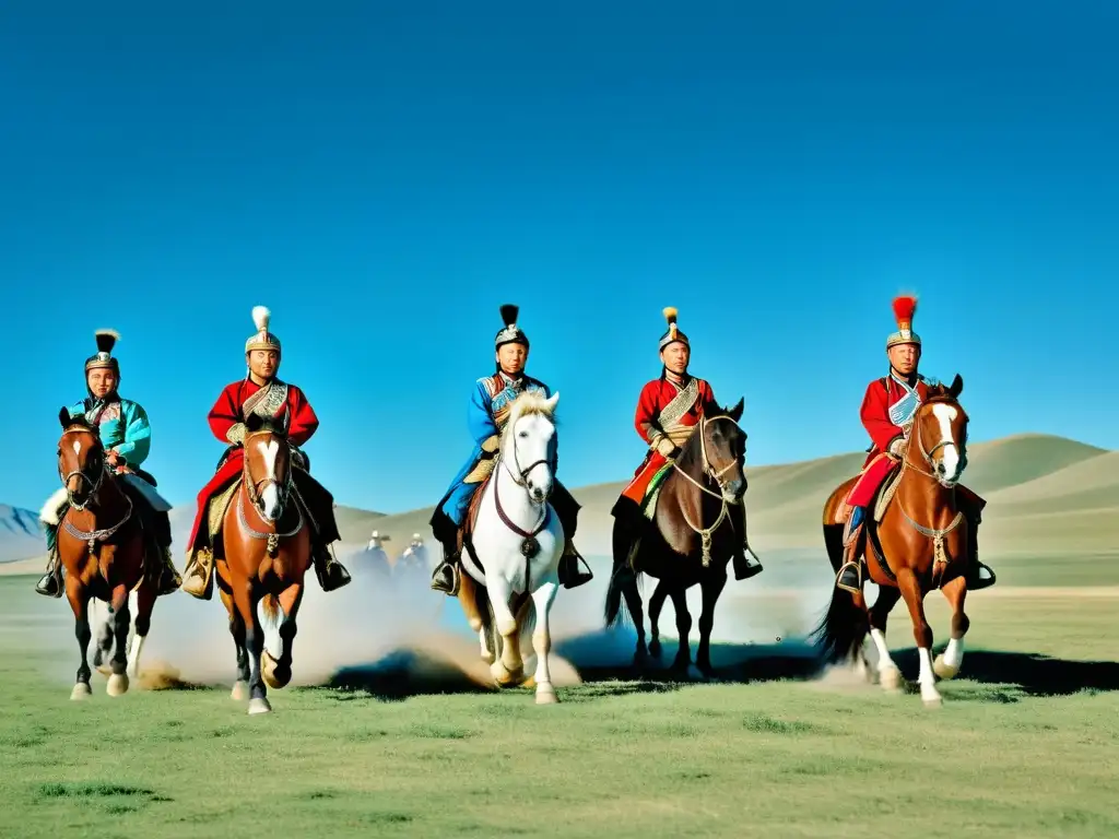 Grupo de jinetes mongoles ejecutando maniobras precisas en la vasta estepa, mostrando el arte ecuestre en la estepa con gracia y poder