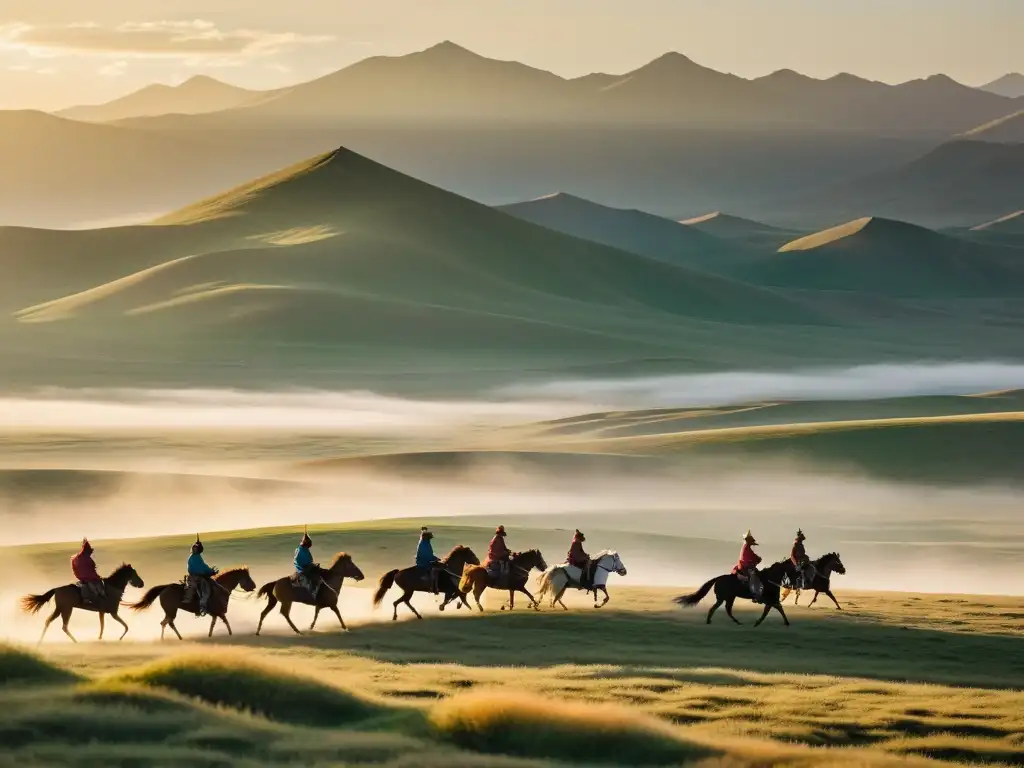 Grupo de jinetes mongoles en la estepa, con yurtas y montañas en la neblina, reflejando la influencia religiosa del Imperio Mongol