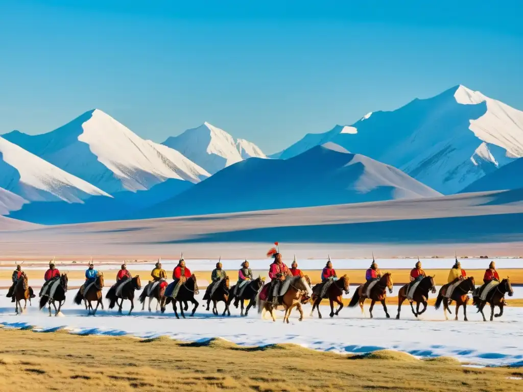 Grupo de jinetes mongoles en paisaje majestuoso