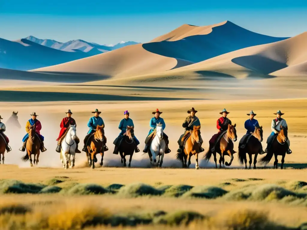 Un grupo de jinetes mongoles cabalgando por la estepa, resaltando la relación entre mongoles y caballos en un paisaje impresionante