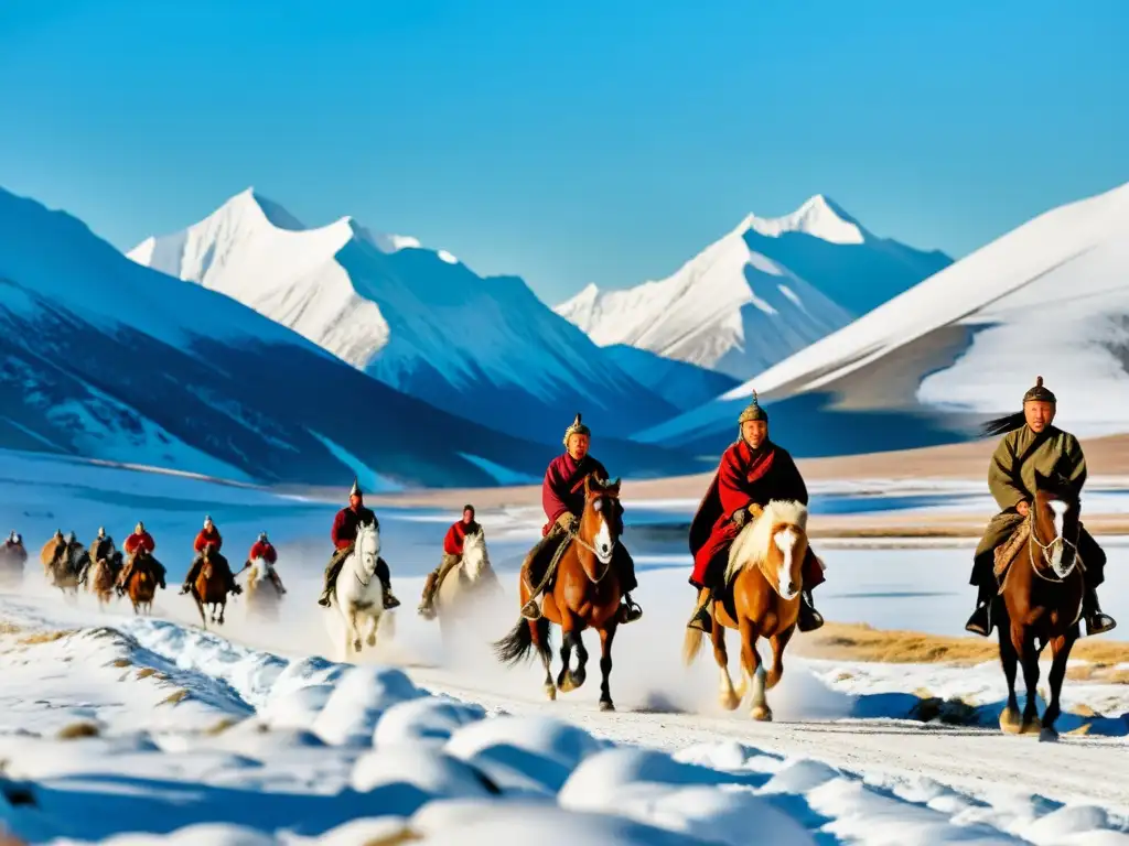 Un grupo de jinetes mongoles cabalga a través de las montañas Altai, evocando la historia, la cultura y las conquistas de la región