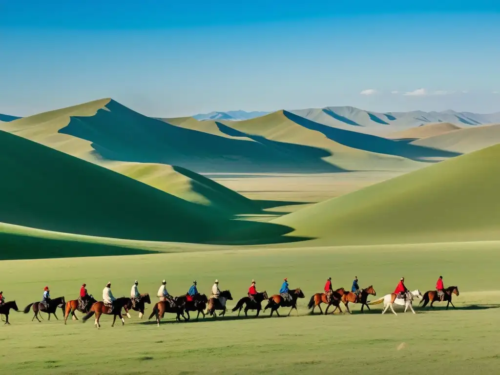 Un grupo de jinetes mongoles cabalgan por la vasta estepa, demostrando la resistencia del Imperio Mongol y su lucha contra la desiertificación