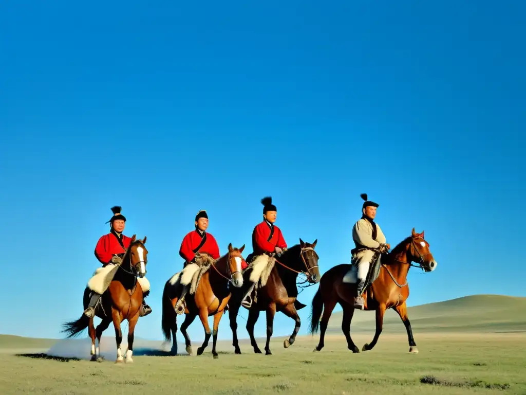 Un grupo de jinetes mongoles cabalgando por la vasta estepa bajo un cielo azul claro, reflejando el legado ecuestre del Imperio Mongol