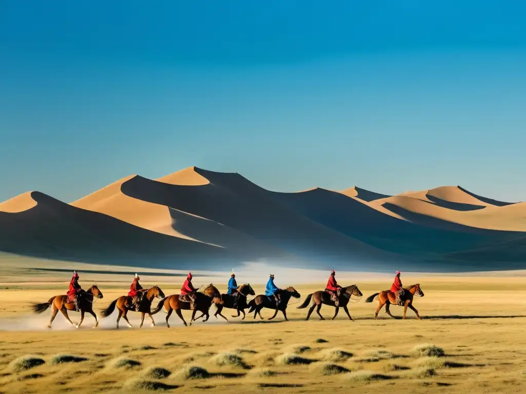 Grupo de jinetes mongoles en la vasta estepa, con cielo azul