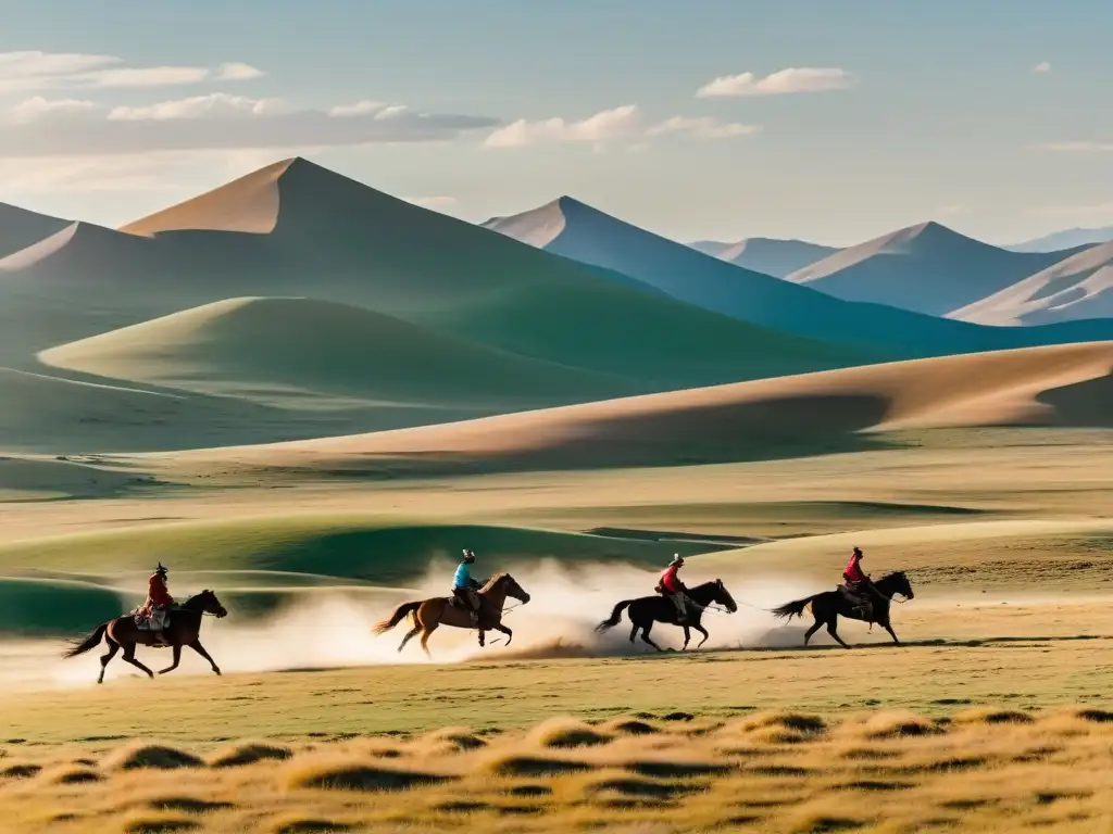 Grupo de jinetes mongoles galopando en la vasta estepa, reflejando el liderazgo de los khans mongoles en la belleza salvaje de Mongolia