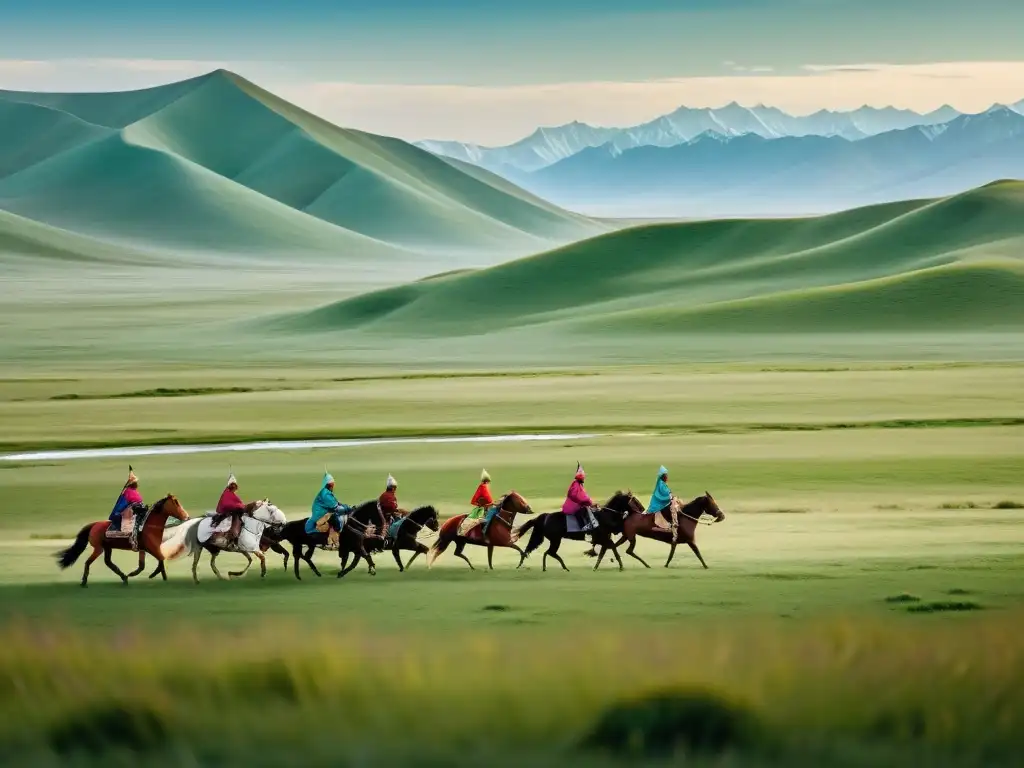 Grupo de jinetes mongoles en vasta estepa, reflejando la armonía entre su estilo de vida nómada y la naturaleza