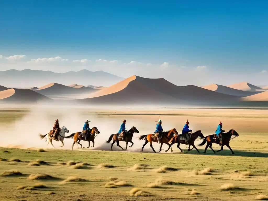 Grupo de jinetes mongoles cabalgando en la vasta estepa, con un cielo azul y una tormenta de polvo al fondo