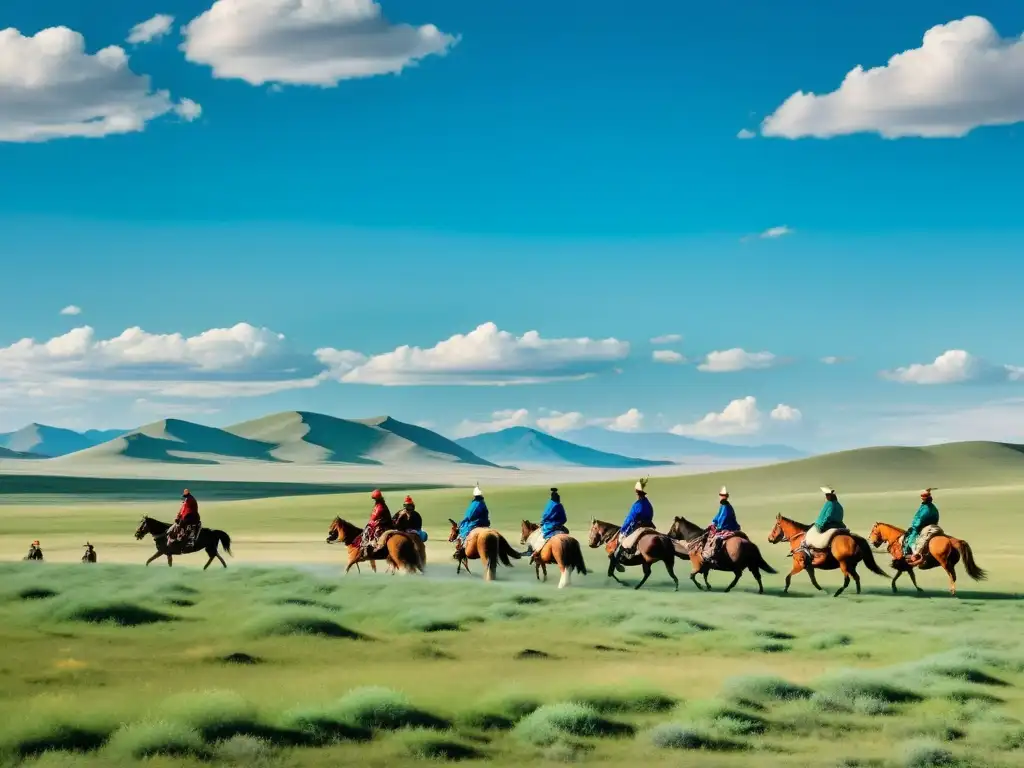 Grupo de jinetes mongoles en la vasta estepa, con montañas lejanas y cielo azul