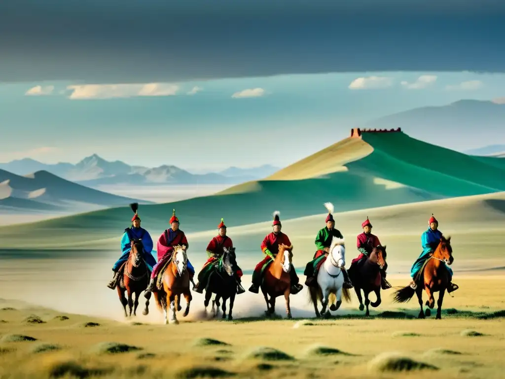 Un grupo de jinetes mongoles cabalgando por la vasta estepa, con su vestimenta tradicional y armaduras en contraste con el paisaje