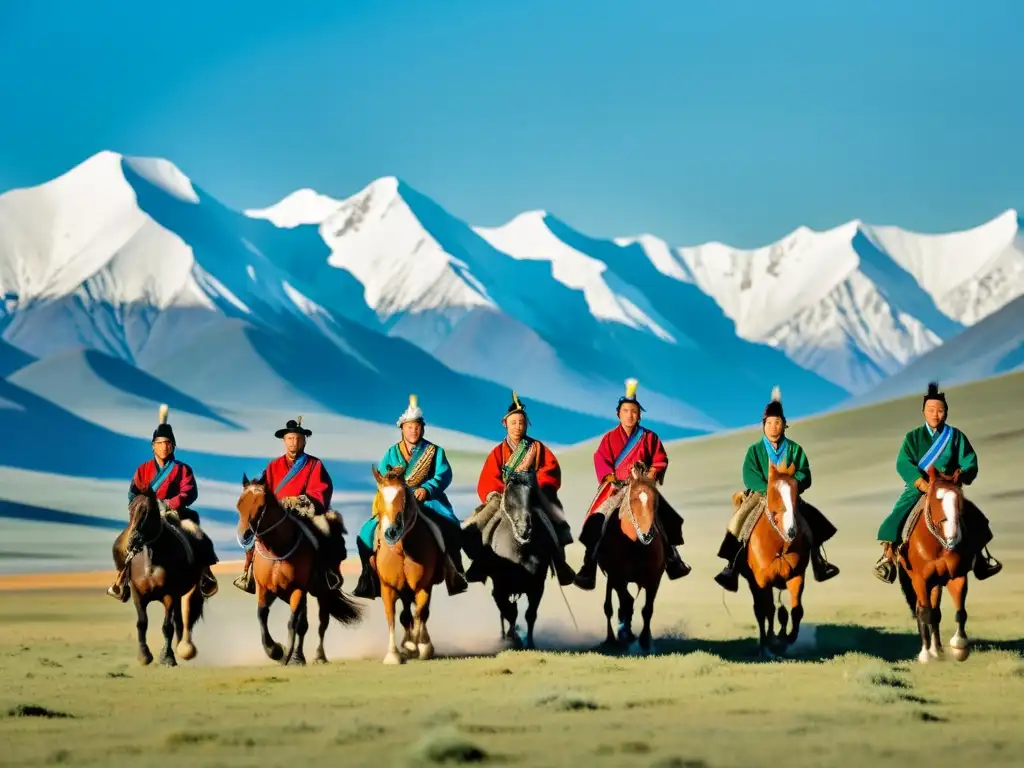 Grupo de jinetes mongoles galopando en las vastas estepas, con los picos nevados de las Montañas Altai al fondo