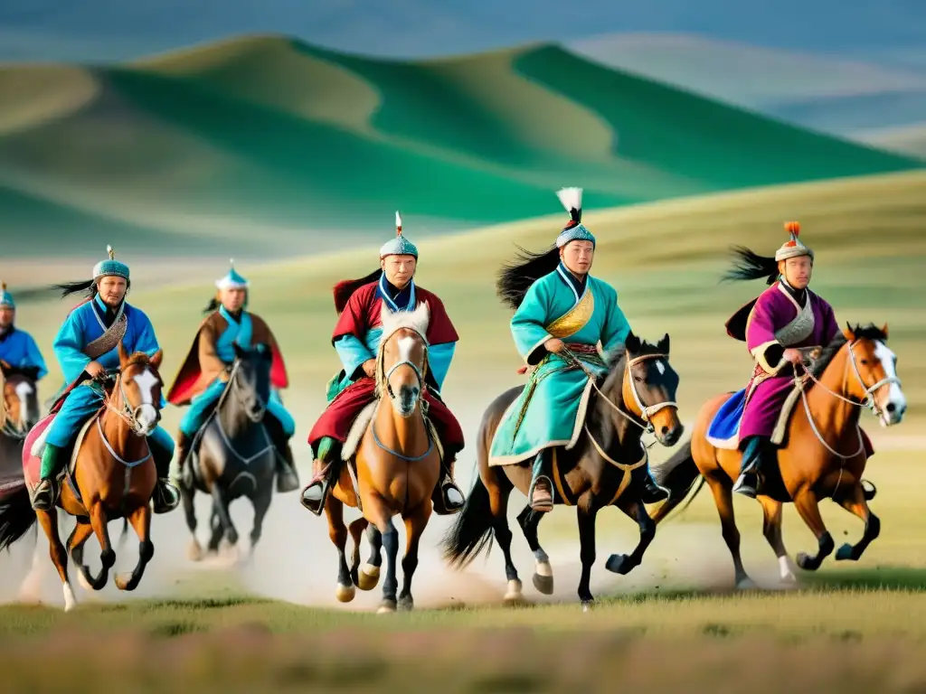 Un grupo de jinetes mongoles cabalgando por las vastas estepas, demostrando la velocidad y agilidad de la caballería mongol