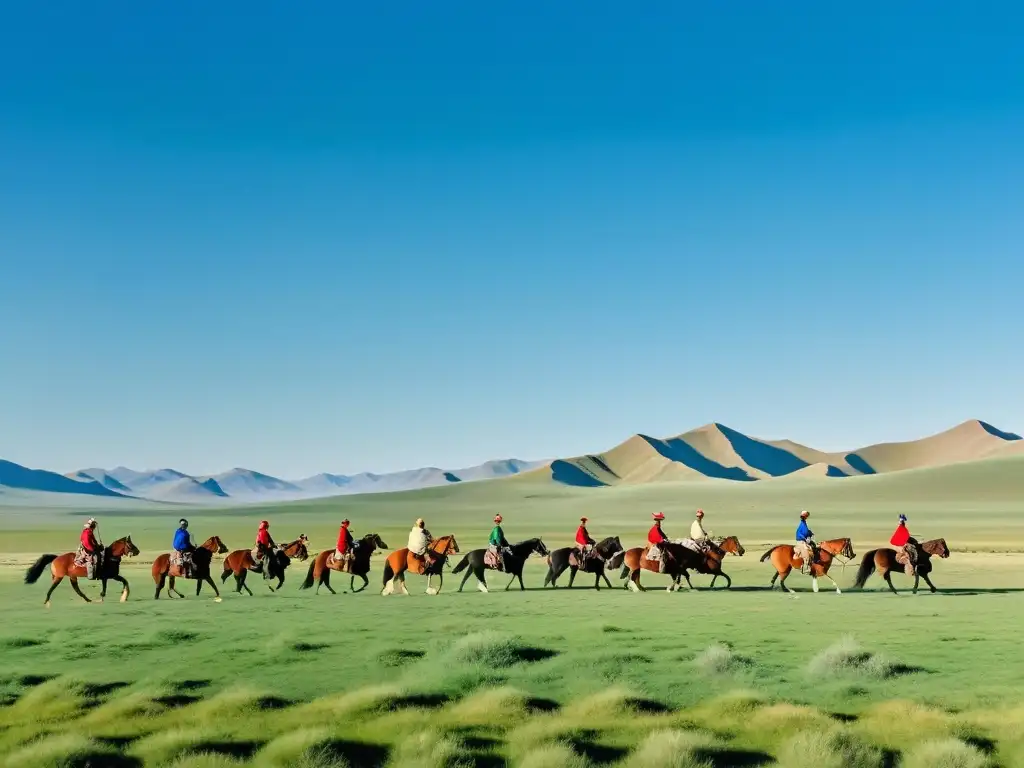 Un grupo de jinetes mongolos en la estepa, con águilas de caza, evocando el liderazgo en el Imperio Mongol