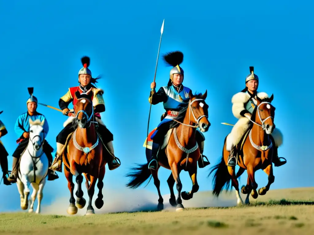 Grupo de jinetes mongolos modernos cabalgando por la estepa con vestimenta tradicional guerreros mongol, evocando la herencia nómada