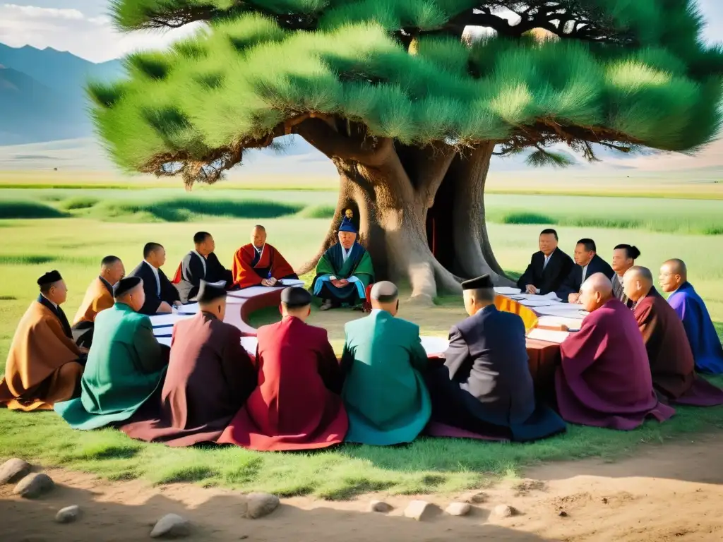 Un grupo de saurugtai, jueces mongolos, discuten asuntos legales bajo un árbol