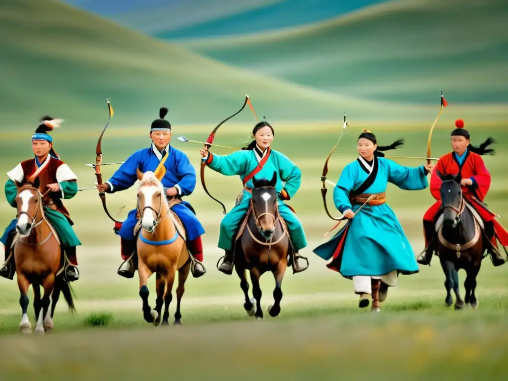 Grupo de mongolos en juego de arquería a caballo, resaltando colores vibrantes y energía cultural de los juegos tradicionales mongolos sociedad actual