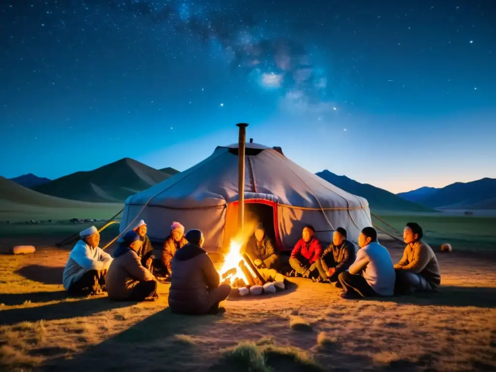 Un grupo escucha a un líder espiritual junto al fuego en un retiro espiritual en Mongolia, bajo un cielo estrellado