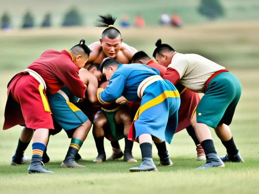 Grupo de luchadores mongoles en combate tradicional bajo el cielo abierto, rodeados de paisaje e historia del Imperio Mongol