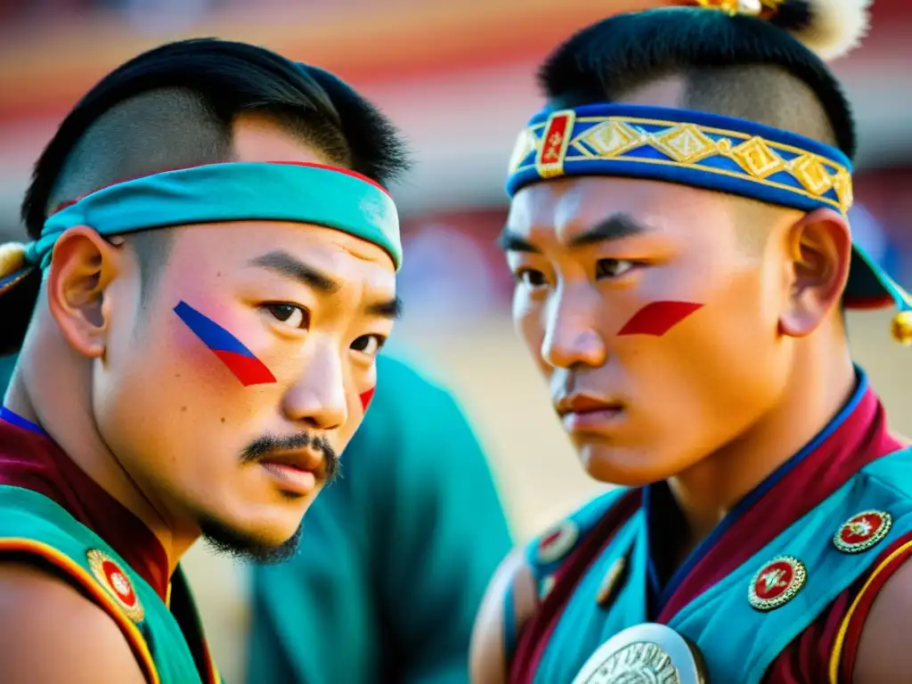 Grupo de luchadores de Mongolia en el Festival Naadam, reflejando tradición y fuerza en un entorno dinámico