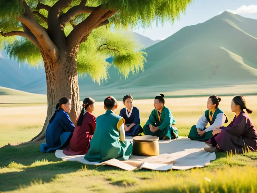 Grupo de maestros y estudiantes de lengua mongol discutiendo bajo un árbol, rodeados de paisajes yurt mongoles