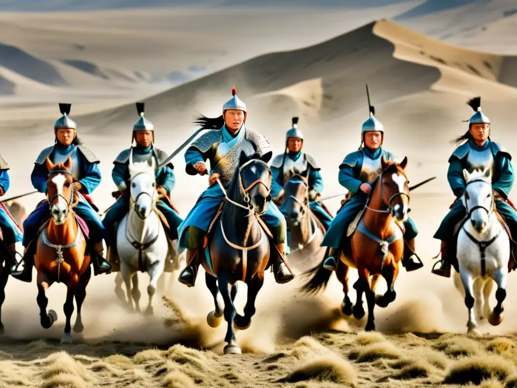 Grupo de mercenarios en el ejército mongol galopando a través de las estepas en medio de la batalla